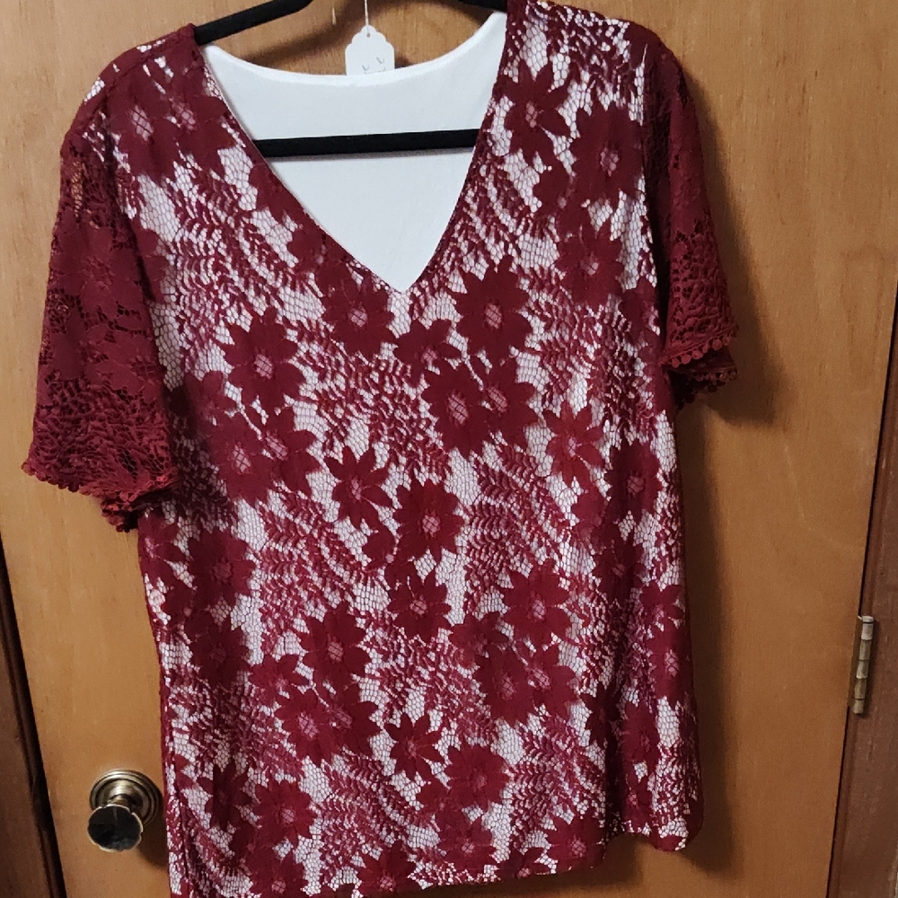 Elegant Lace V-Neck Top - Deep Burgundy Color Size XL